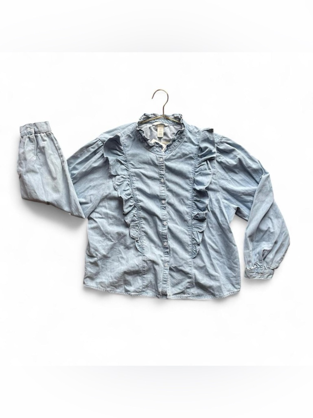 H&M Light Blue Ruffle Neck Blouse – Romantic Cottagecore Cotton Top NWT (XL)